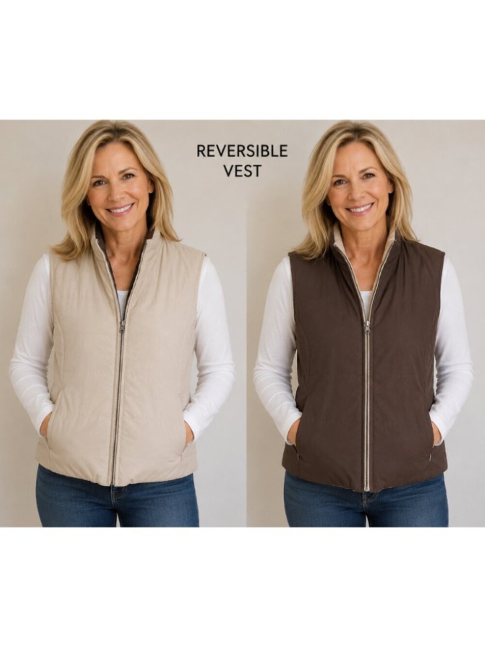 Kirkland Signature Reversible Quilted Zip Front Vest Beige & Brown - L